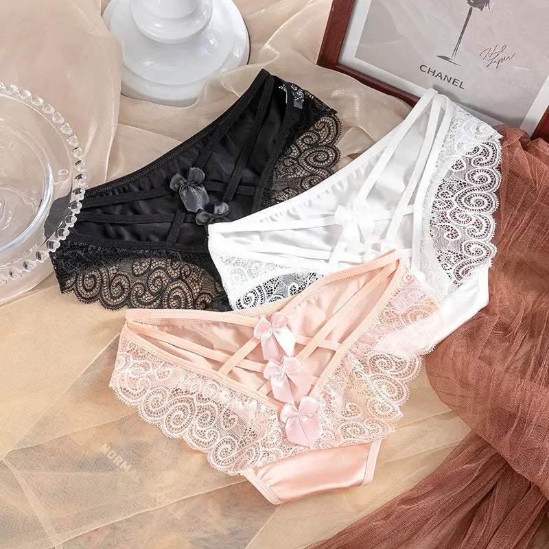 New sexy hollow thin strap cross women's underwear comfortable breathable lace satin stitching women's briefs Alice Thong