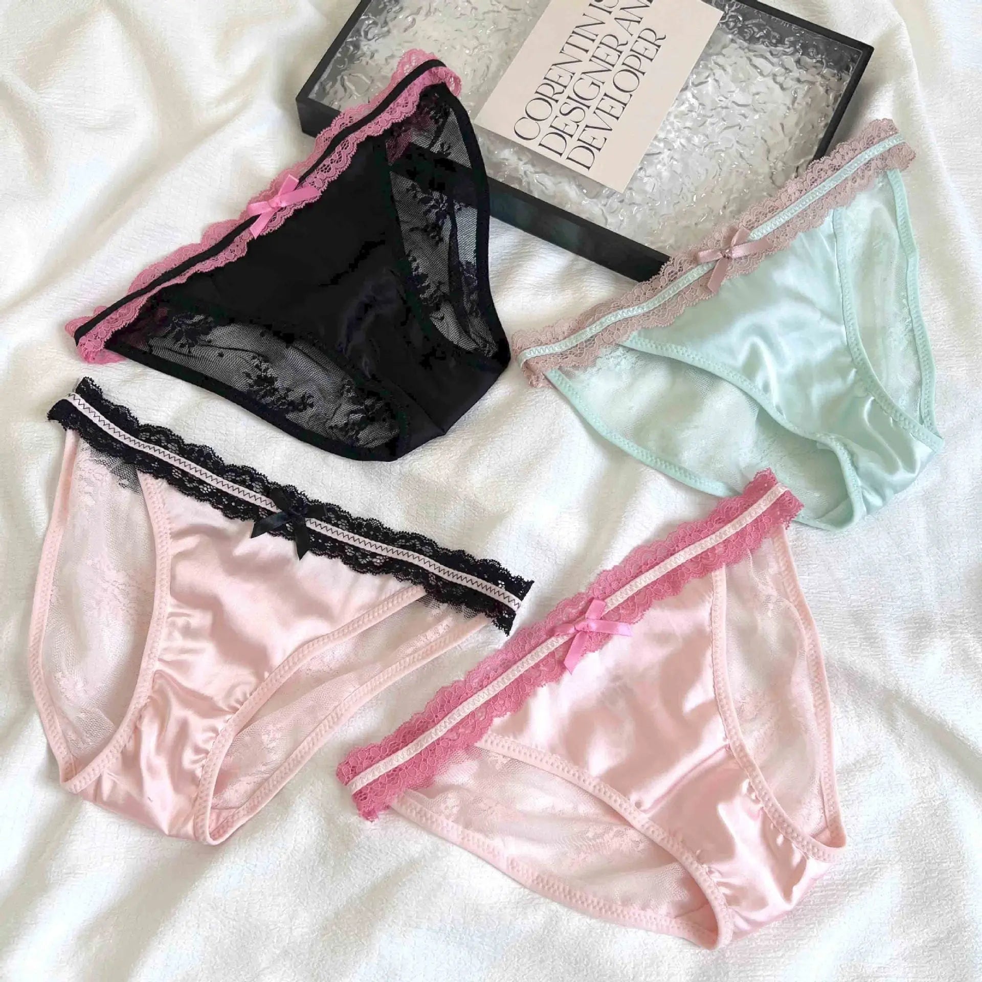 New style French hot girl satin low waist lace bow pure desire panties women's briefs pure cotton crotch temptation