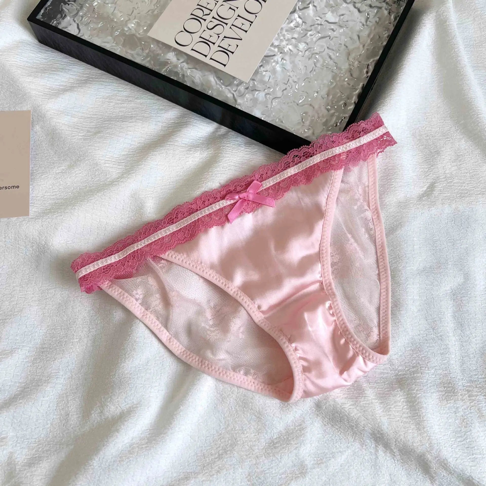 New style French hot girl satin low waist lace bow pure desire panties women's briefs pure cotton crotch temptation Foundation red edge One Size 40kg-60kg