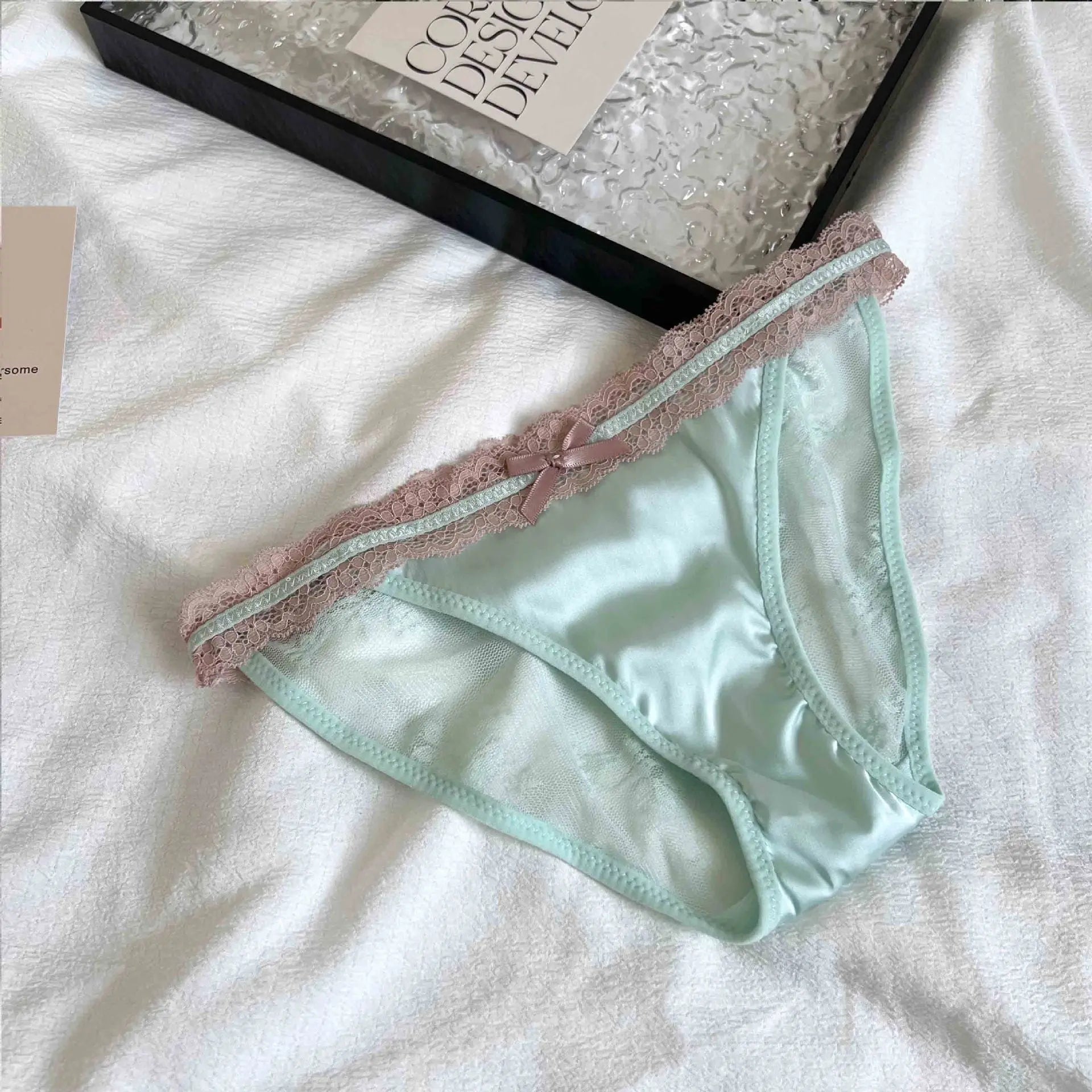 New style French hot girl satin low waist lace bow pure desire panties women's briefs pure cotton crotch temptation Light Green One Size 40kg-60kg
