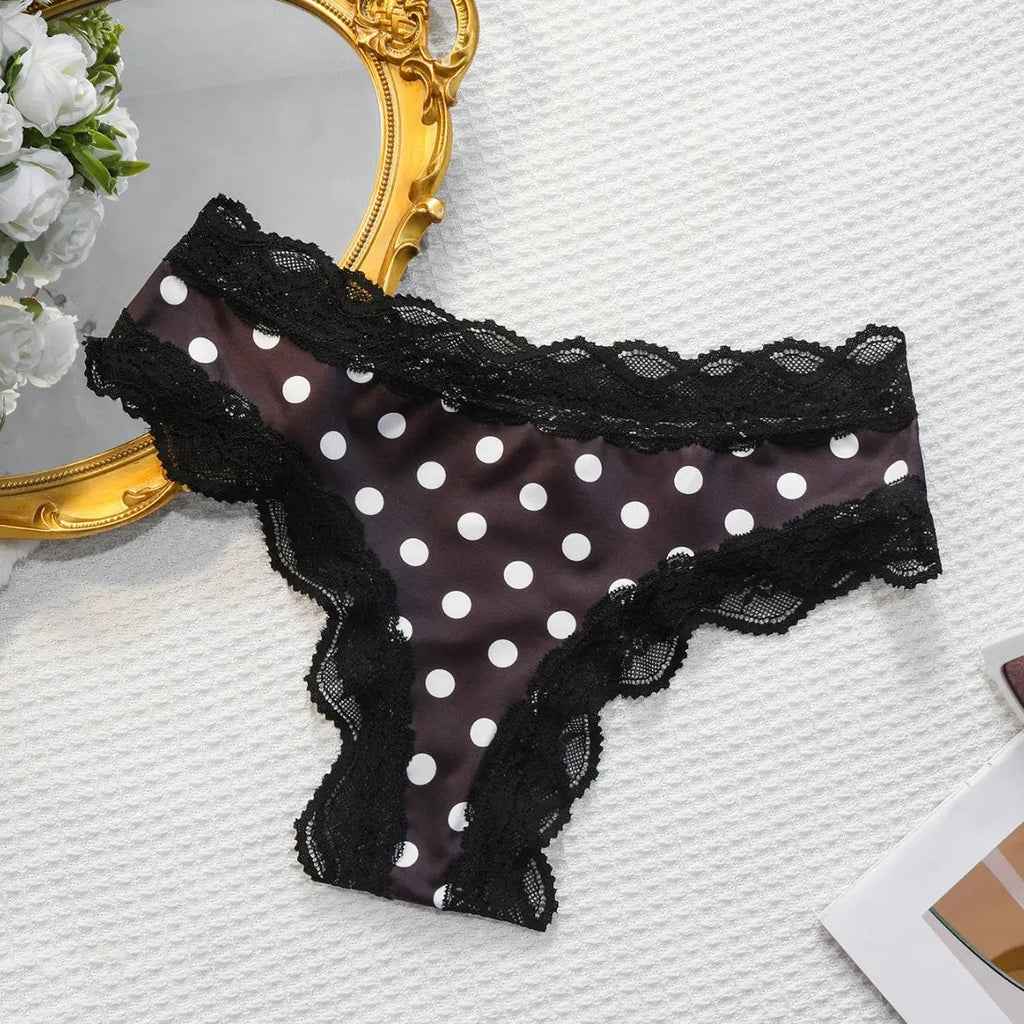 New women's Japanese style sweet girl triangle underwear polka dot milk silk thong low waist lace comfortable cotton crotch Alice Thong
