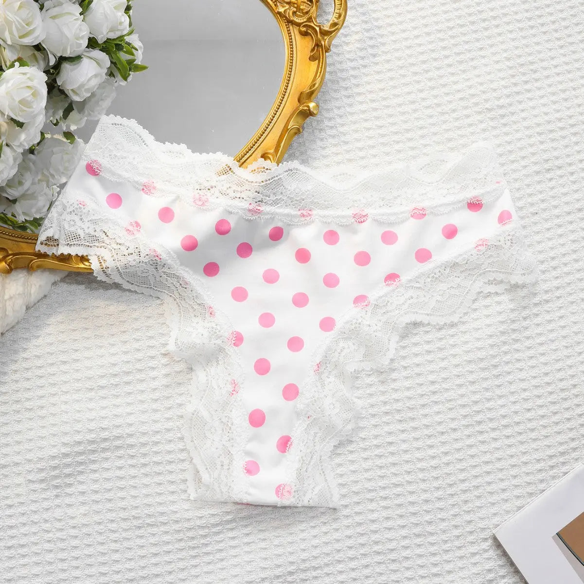 New women's Japanese style sweet girl triangle underwear polka dot milk silk thong low waist lace comfortable cotton crotch Alice Thong