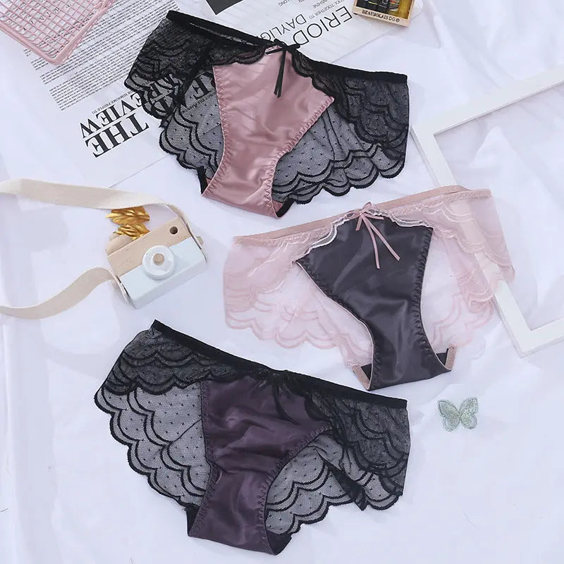 NewSexy European Lace Underwear Silk Satin Net Transparent Playful Polka Dot 气质 Summer Women's Triangle Panties Alice Thong