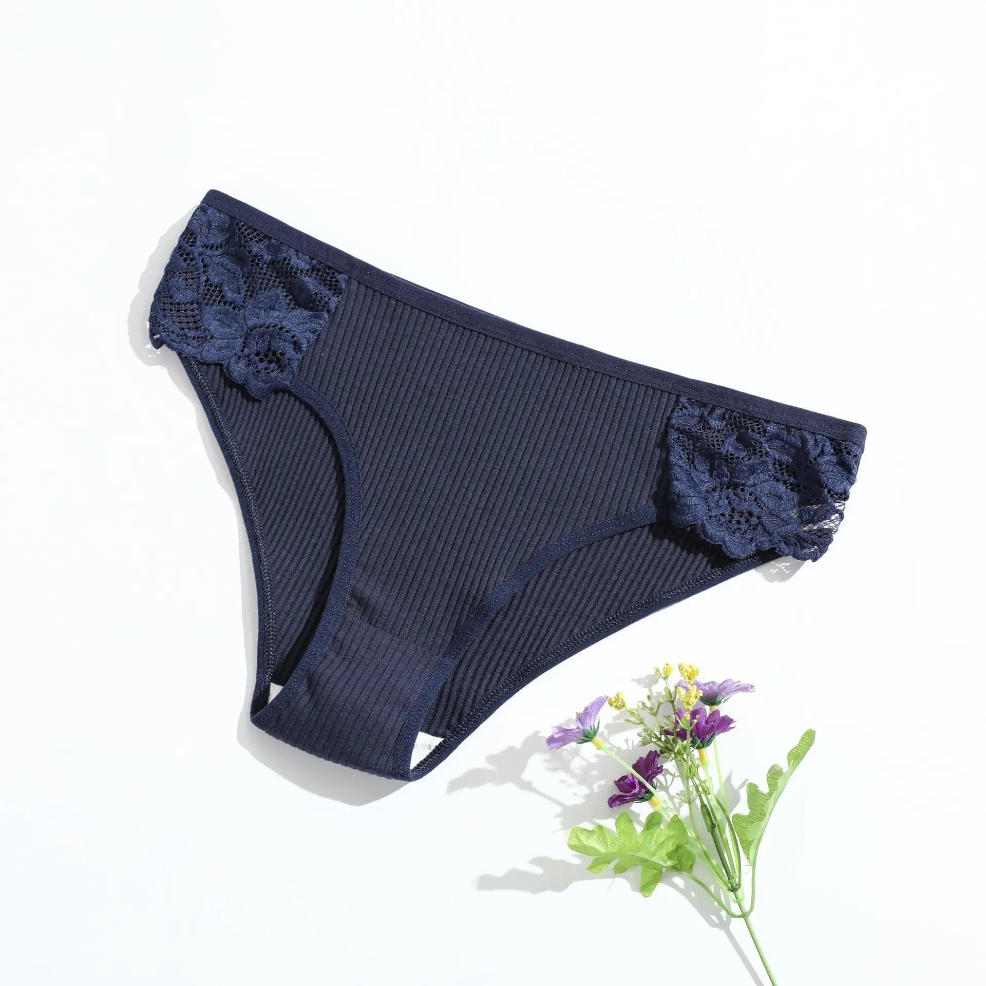 New pure cotton ribbed women's briefs, solid color, low waist, lace, breathable, double-layer crotch, girls' underwear, factory direct supply - Alice Thong