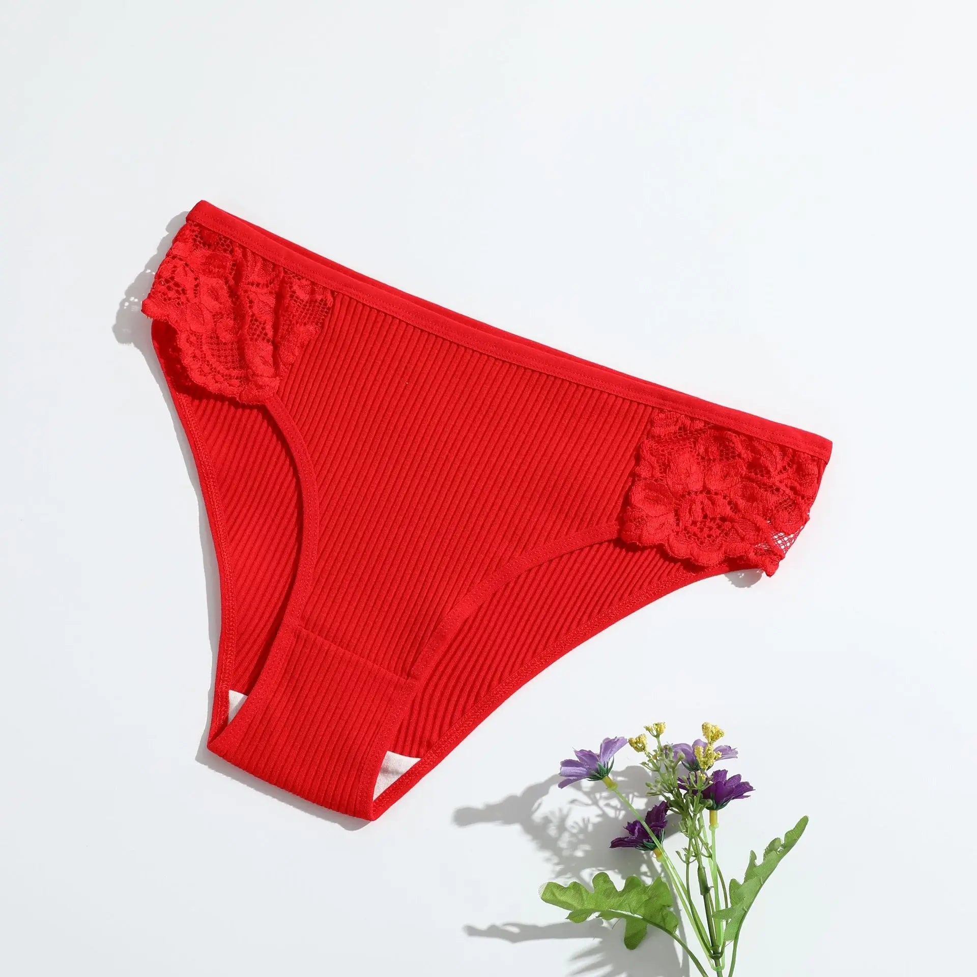 New pure cotton ribbed women's briefs, solid color, low waist, lace, breathable, double-layer crotch, girls' underwear, factory direct supply - Alice Thong
