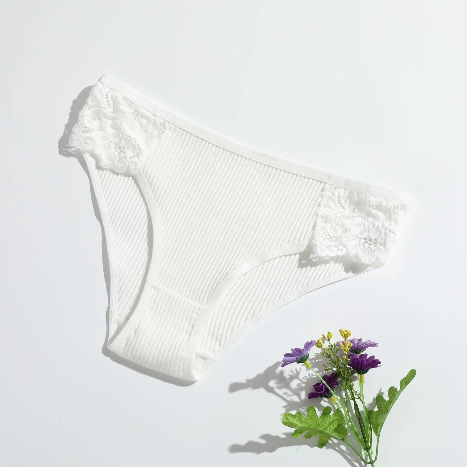 New pure cotton ribbed women's briefs, solid color, low waist, lace, breathable, double-layer crotch, girls' underwear, factory direct supply - Alice Thong