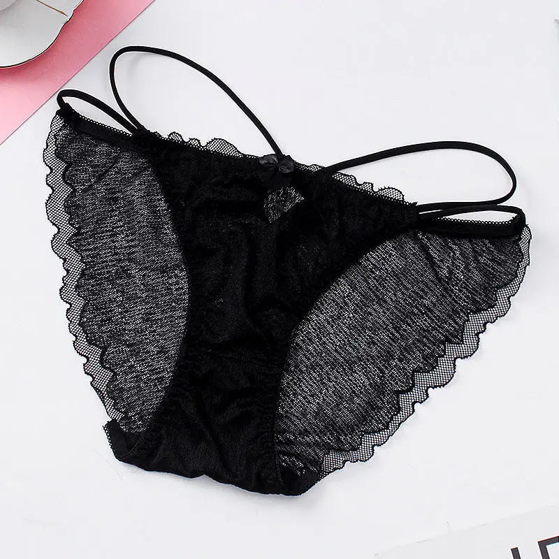 Lace panties women's mid-waist sexy breathable double crotch hollow mesh lace ribbon bow panties - Alice Thong