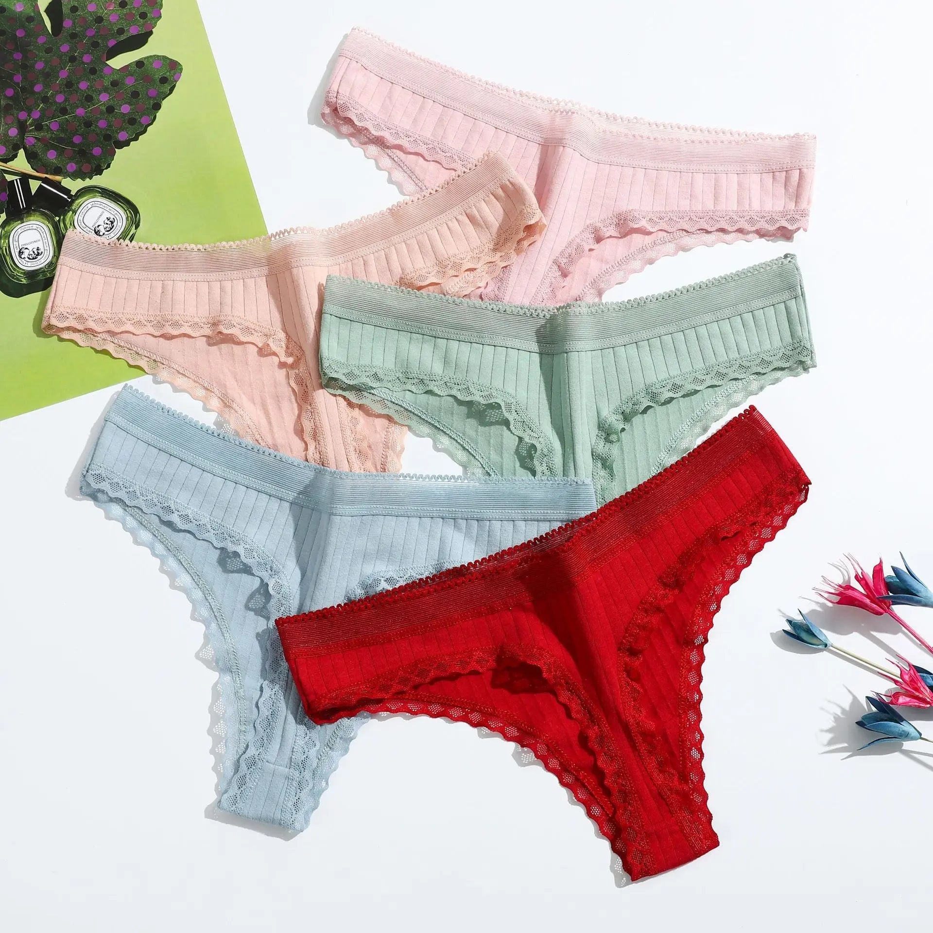 New European and American low-rise thong, girls' ironing beaded pure cotton underwear, lace lace women's T-shaped pants - Alice Thong