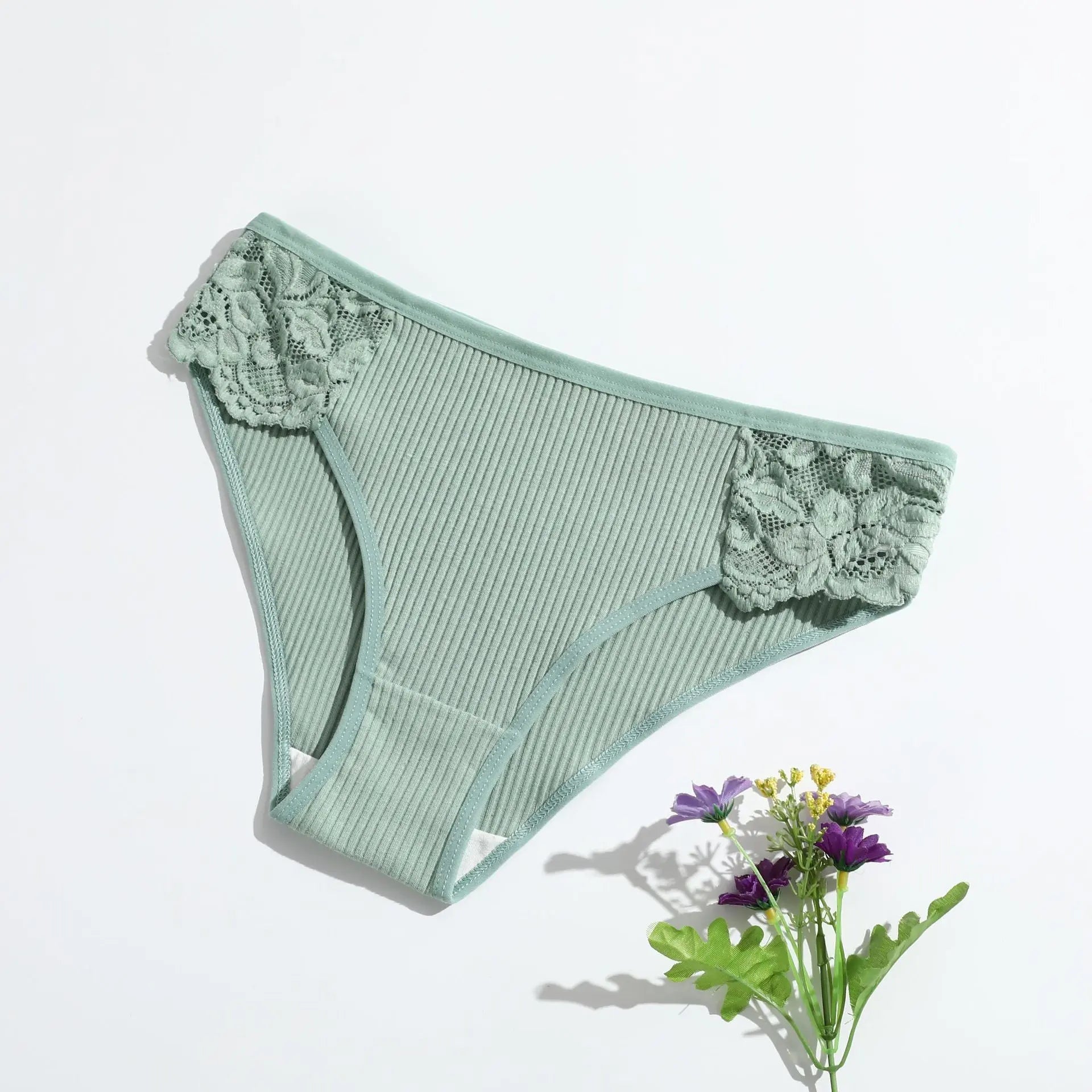 New pure cotton ribbed women's briefs, solid color, low waist, lace, breathable, double-layer crotch, girls' underwear, factory direct supply - Alice Thong
