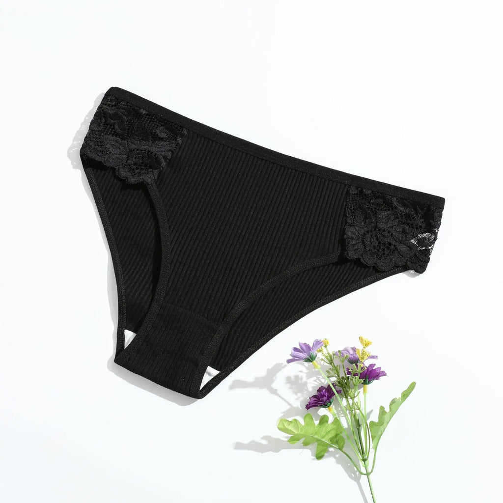 New pure cotton ribbed women's briefs, solid color, low waist, lace, breathable, double-layer crotch, girls' underwear, factory direct supply - Alice Thong