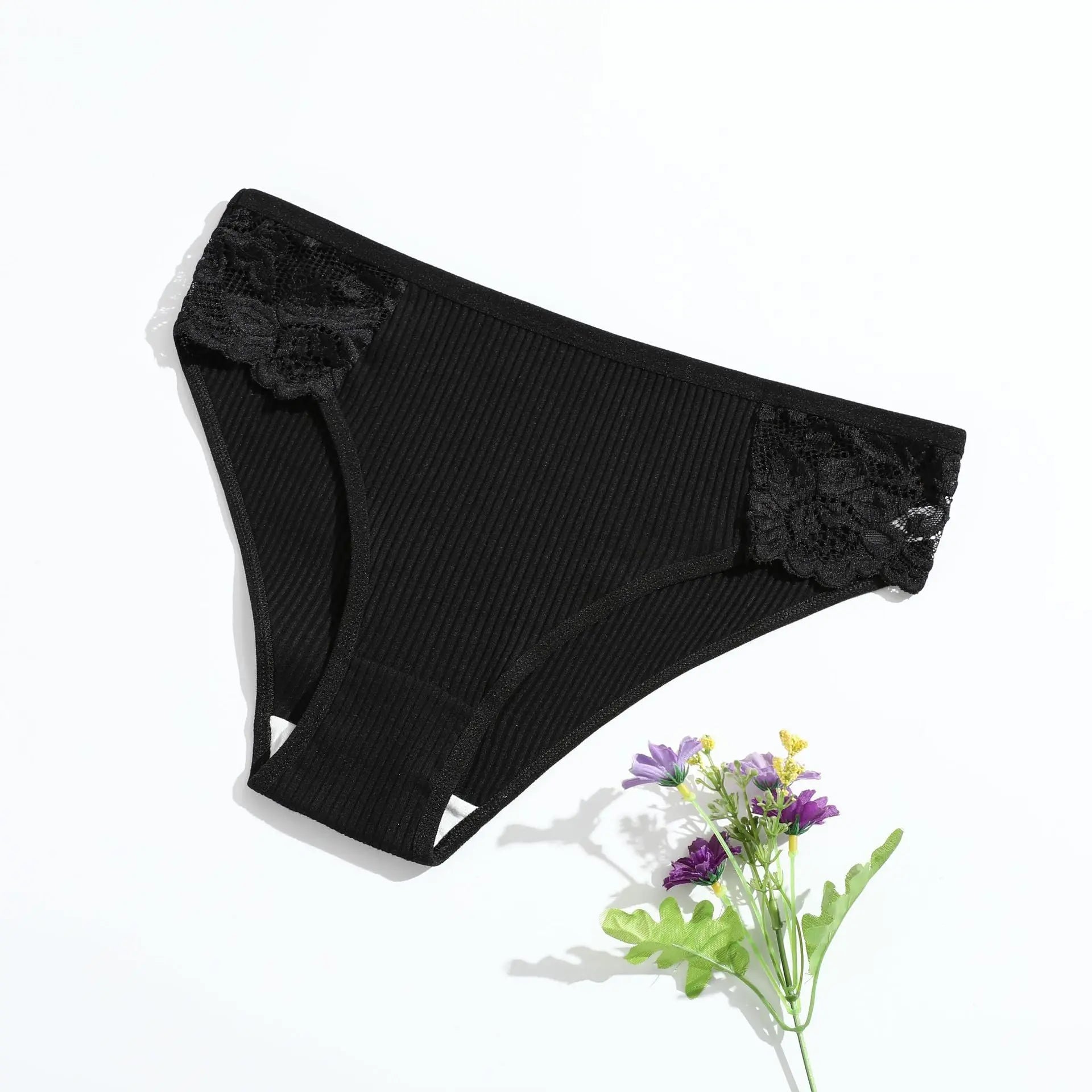 New pure cotton ribbed women's briefs, solid color, low waist, lace, breathable, double-layer crotch, girls' underwear, factory direct supply - Alice Thong