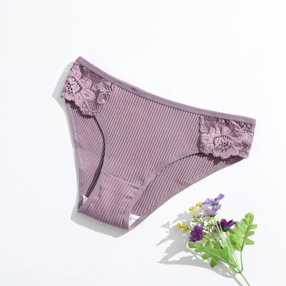 New pure cotton ribbed women's briefs, solid color, low waist, lace, breathable, double-layer crotch, girls' underwear, factory direct supply - Alice Thong