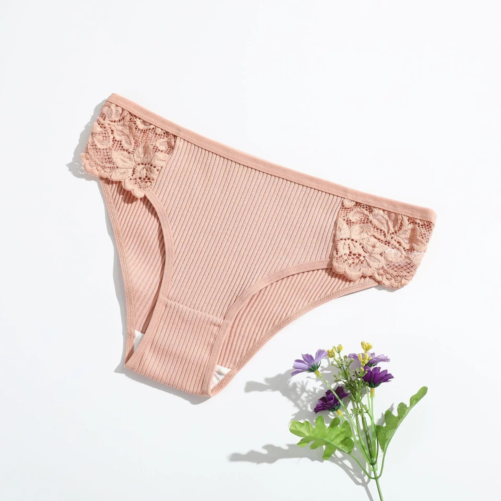 New pure cotton ribbed women's briefs, solid color, low waist, lace, breathable, double-layer crotch, girls' underwear, factory direct supply - Alice Thong