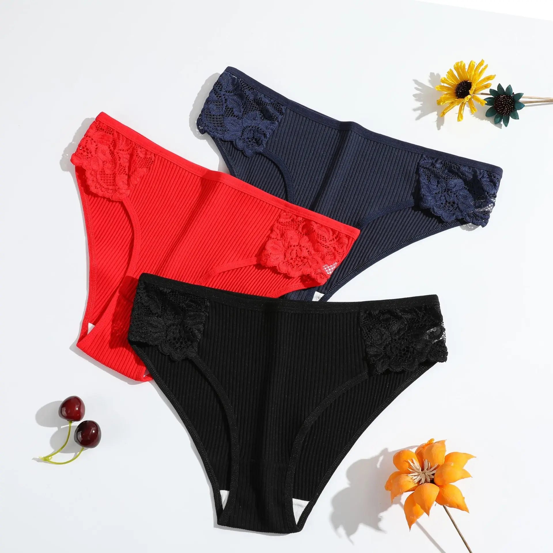 New pure cotton ribbed women's briefs, solid color, low waist, lace, breathable, double-layer crotch, girls' underwear, factory direct supply - Alice Thong