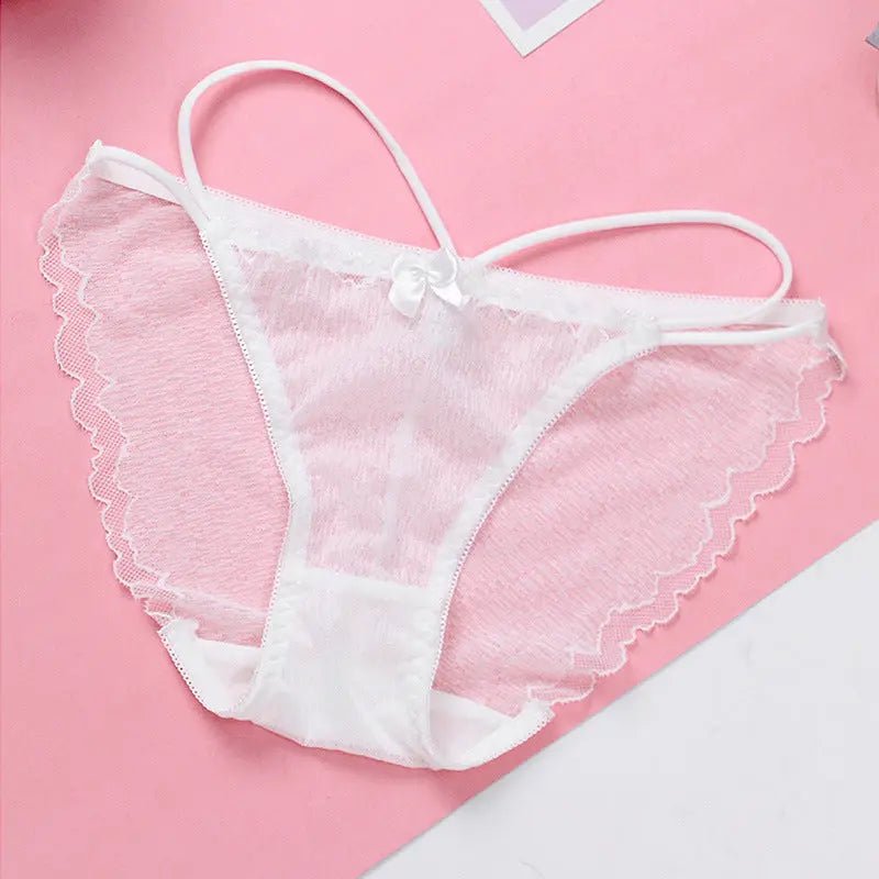 Lace panties women's mid-waist sexy breathable double crotch hollow mesh lace ribbon bow panties - Alice Thong