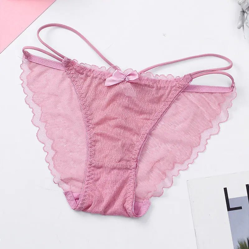 Lace panties women's mid-waist sexy breathable double crotch hollow mesh lace ribbon bow panties - Alice Thong