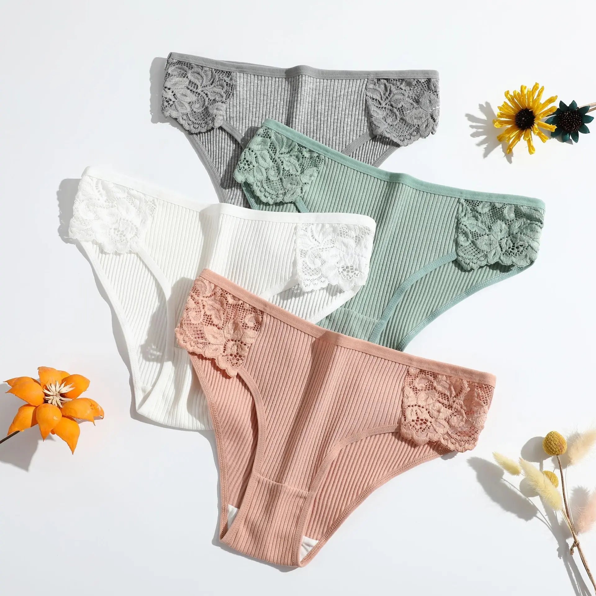New pure cotton ribbed women's briefs, solid color, low waist, lace, breathable, double-layer crotch, girls' underwear, factory direct supply - Alice Thong