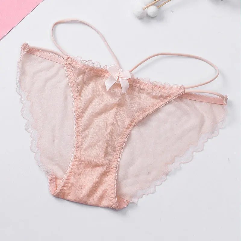 Lace panties women's mid-waist sexy breathable double crotch hollow mesh lace ribbon bow panties - Alice Thong
