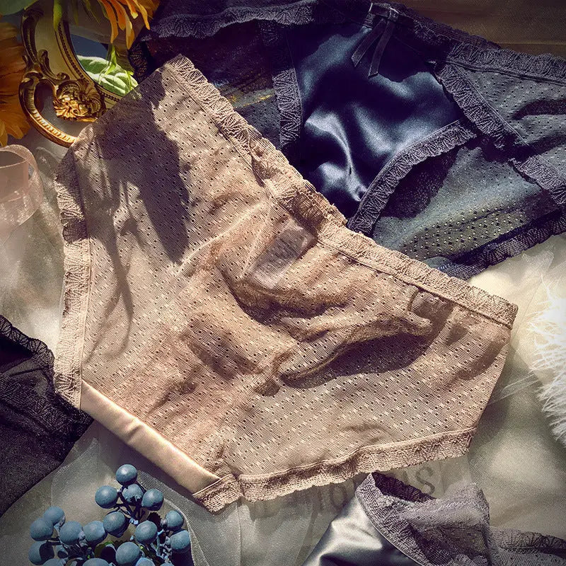 Sexy French lace panties for women transparent mesh light texture breathable pure cotton crotch mid-waist women's briefs Alice Thong