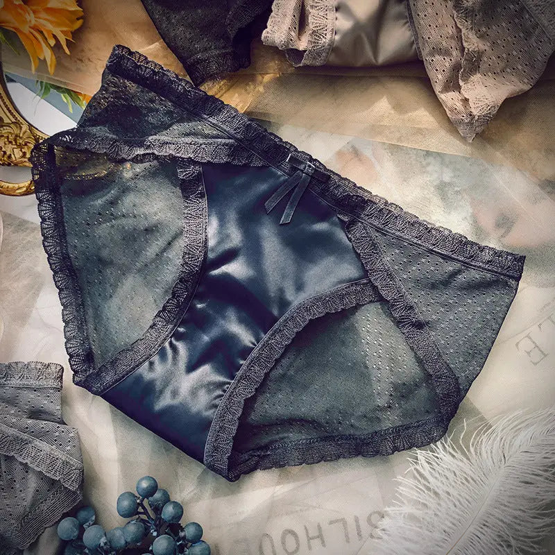 Sexy French lace panties for women transparent mesh light texture breathable pure cotton crotch mid-waist women's briefs Alice Thong