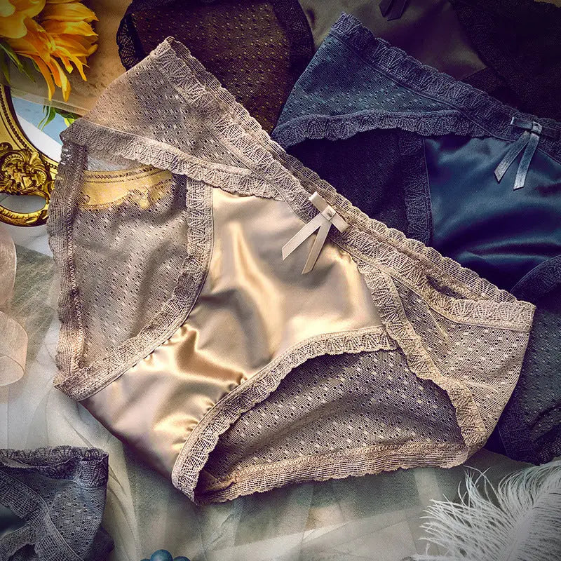Sexy French lace panties for women transparent mesh light texture breathable pure cotton crotch mid-waist women's briefs Alice Thong
