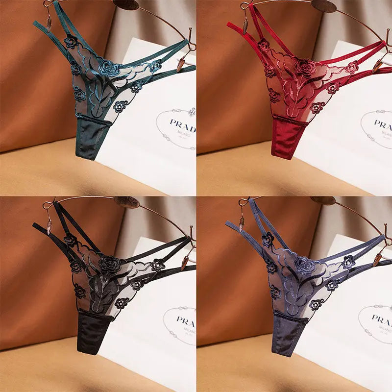 Sexy embroidered women's thong, lace mesh with thin straps, plus size women's panties. 我的商店