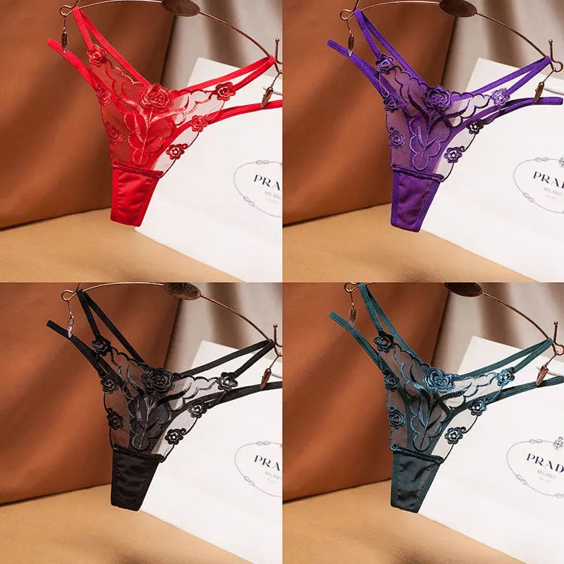 Sexy embroidered women's thong, lace mesh with thin straps, plus size women's panties. 我的商店