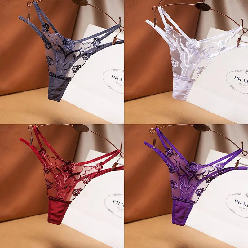 Sexy embroidered women's thong, lace mesh with thin straps, plus size women's panties. 我的商店