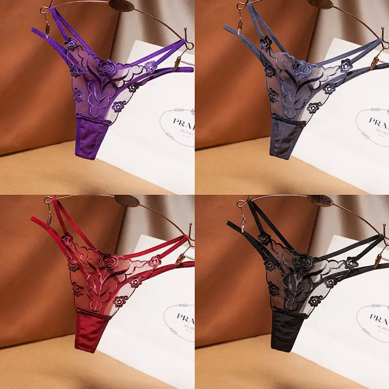 Sexy embroidered women's thong, lace mesh with thin straps, plus size women's panties. 我的商店