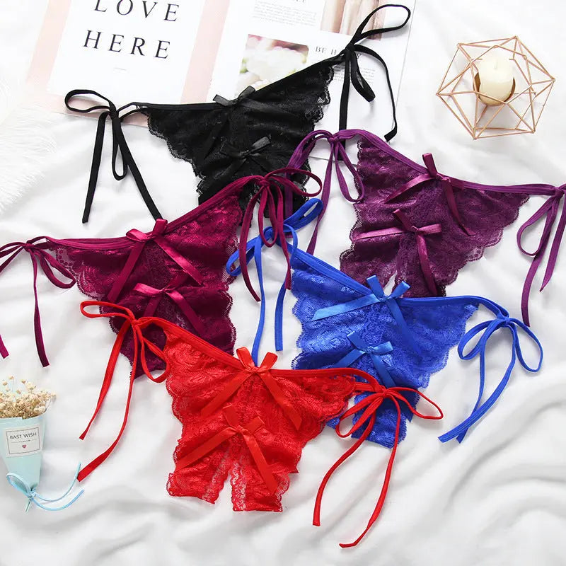 Sexy lace-up crotchless thong for women, transparent, low-waist, plus-size, erotic lace trim strap panties. 我的商店