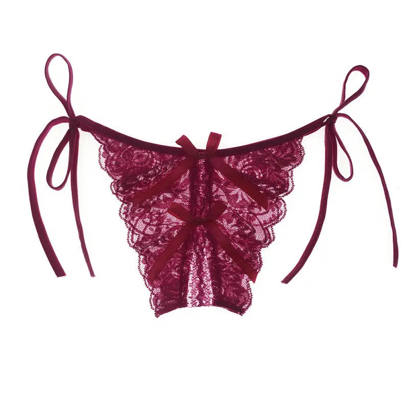 Sexy lace-up crotchless thong for women, transparent, low-waist, plus-size, erotic lace trim strap panties. 我的商店