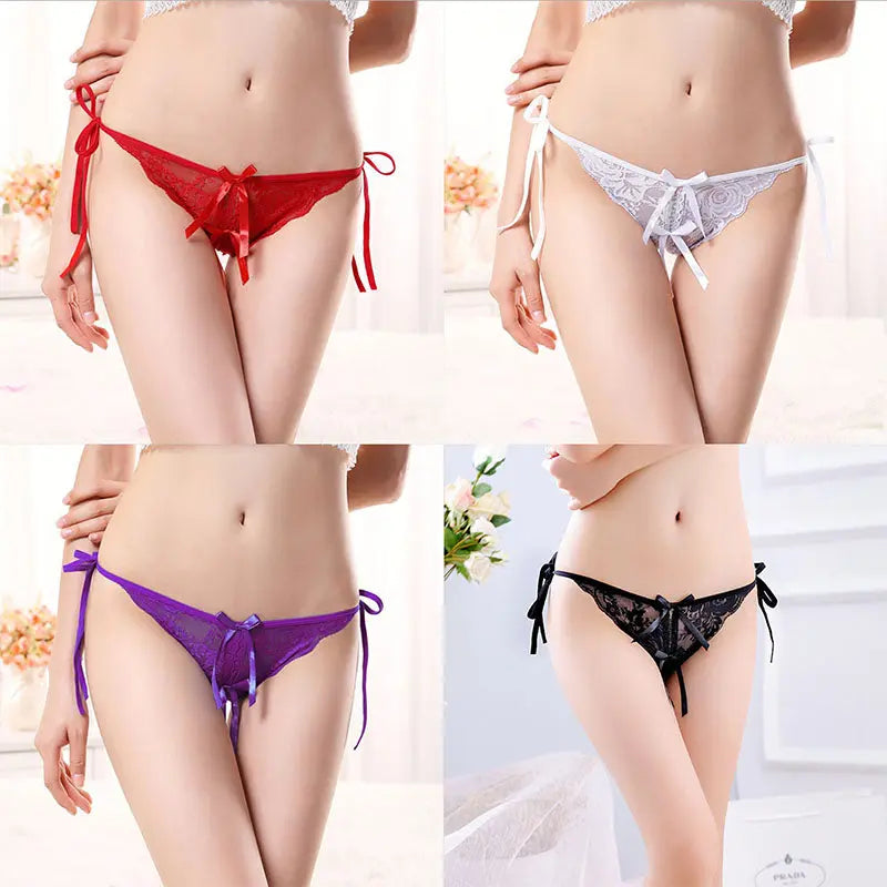 Sexy lace-up crotchless thong for women, transparent, low-waist, plus-size, erotic lace trim strap panties. 我的商店