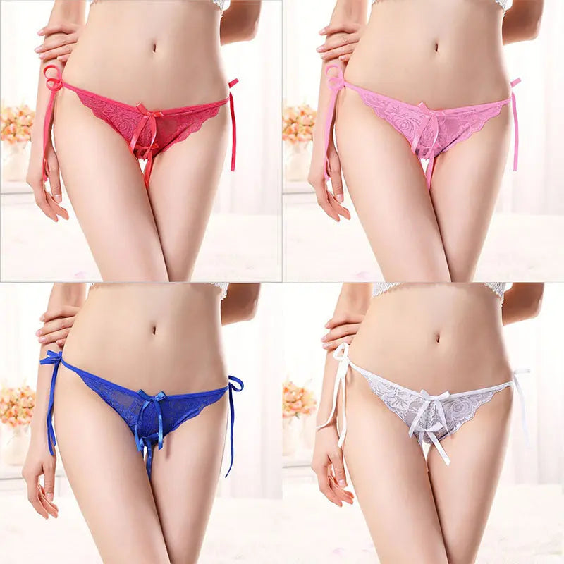 Sexy lace-up crotchless thong for women, transparent, low-waist, plus-size, erotic lace trim strap panties. 我的商店