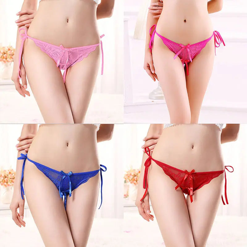 Sexy lace-up crotchless thong for women, transparent, low-waist, plus-size, erotic lace trim strap panties. 我的商店