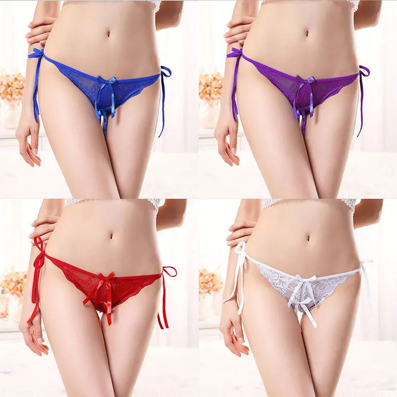 Sexy lace-up crotchless thong for women, transparent, low-waist, plus-size, erotic lace trim strap panties. 我的商店