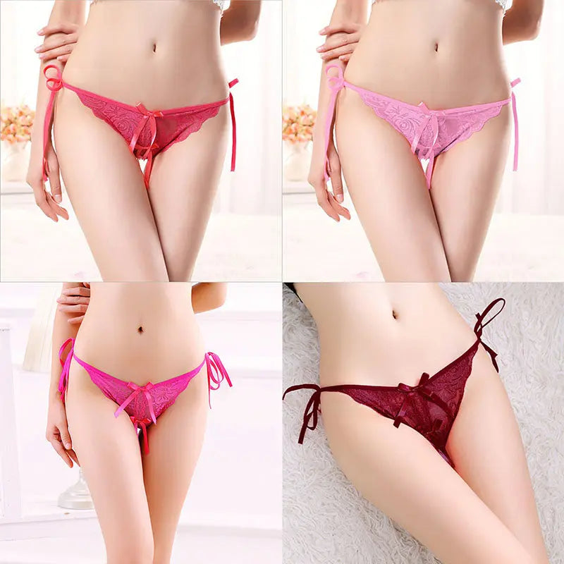 Sexy lace-up crotchless thong for women, transparent, low-waist, plus-size, erotic lace trim strap panties. 我的商店