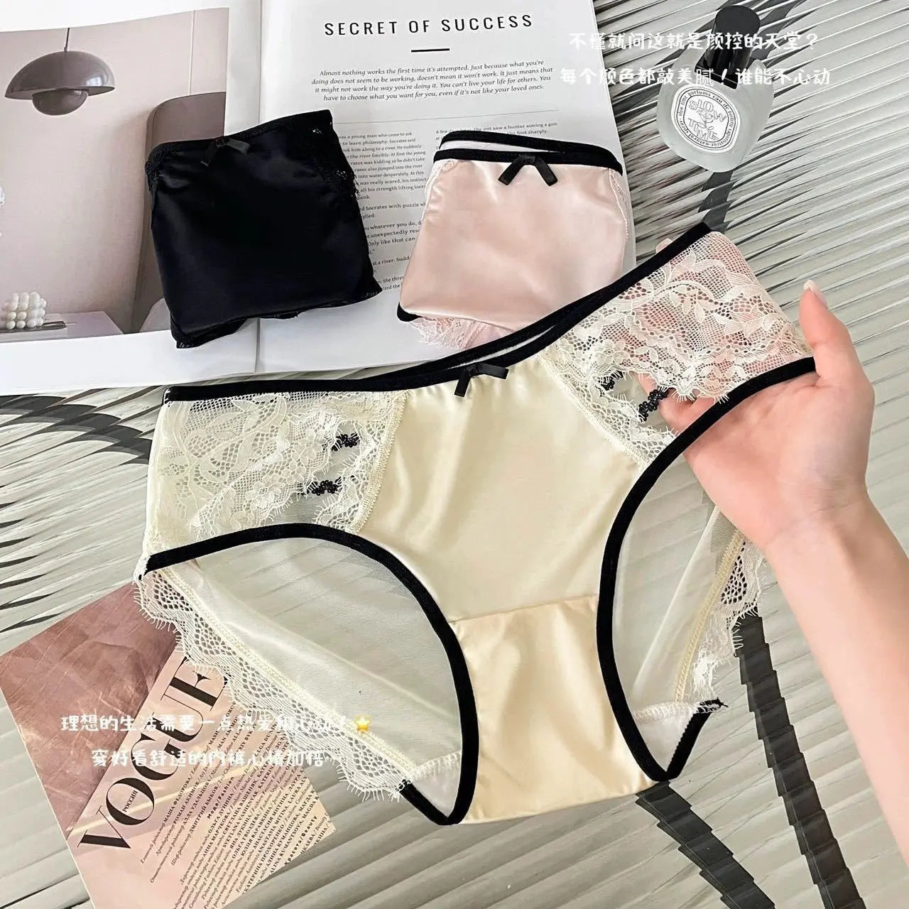 Silk Satin Pure Desire Underwear for Women Transparent Eyelash Lace Breathable Mid-Low Waist Comfortable and Seductive Women's Triangle Briefs Alice Thong
